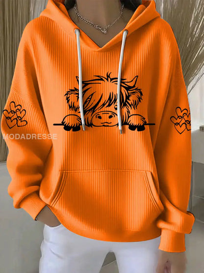 Kvinnors högland ko Print Casual Hoodie Print oräng / S