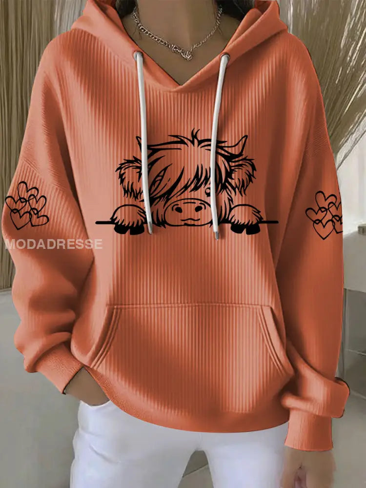 Kvinnors högland ko Print Casual Hoodie Print pimpa apelsin / S