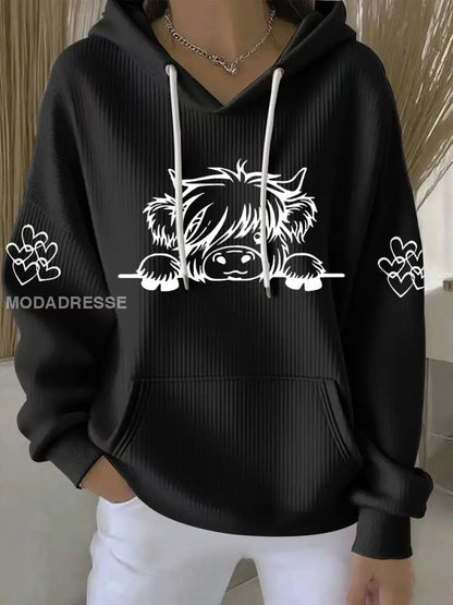 Kvinnors högland ko Print Casual Hoodie Print svart / S