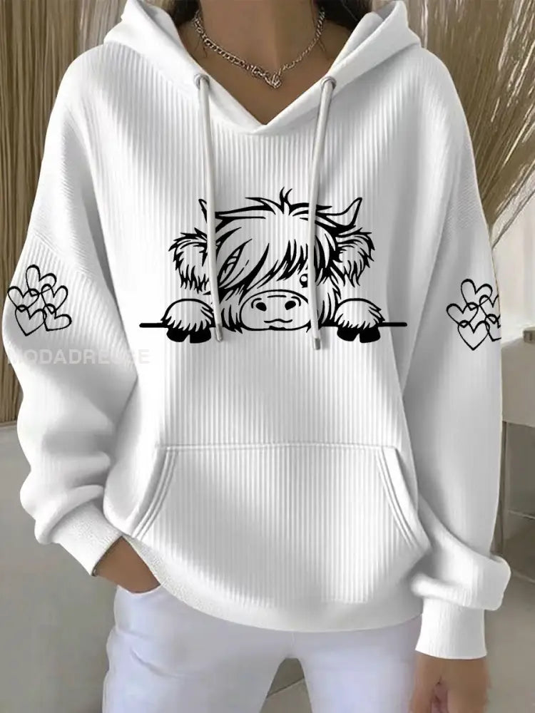 Kvinnors högland ko Print Casual Hoodie Print vit / S