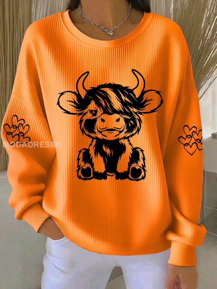 Kvinnors högland ko Print Casual Sweatshirt oräng / S