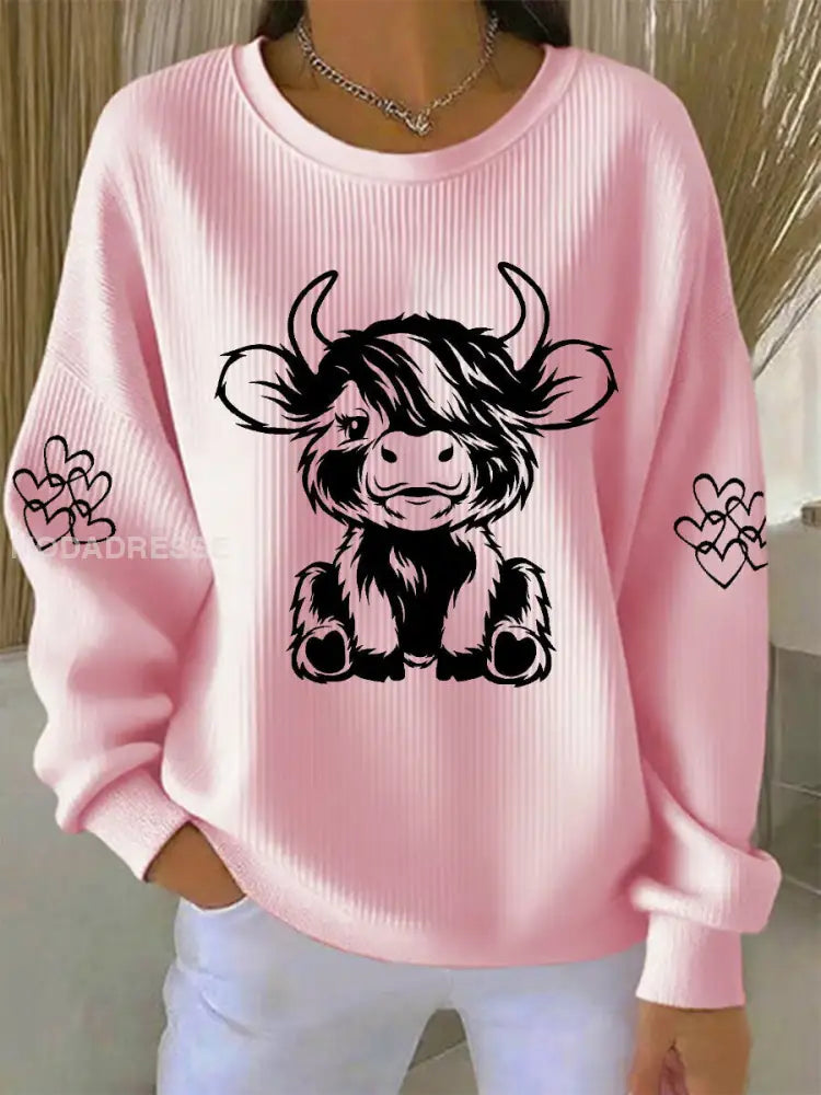 Kvinnors högland ko Print Casual Sweatshirt rosa / S