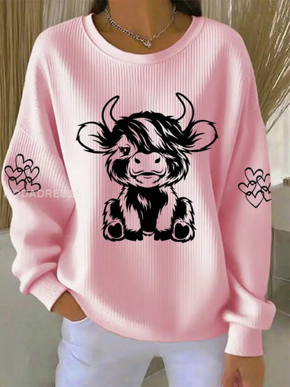 Kvinnors högland ko Print Casual Sweatshirt rosa / S