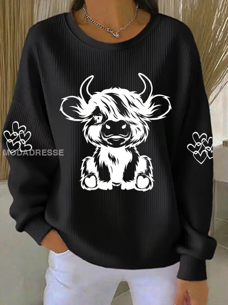 Kvinnors högland ko Print Casual Sweatshirt svart / S