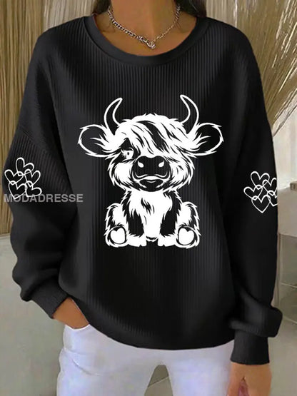 Kvinnors högland ko Print Casual Sweatshirt svart / S