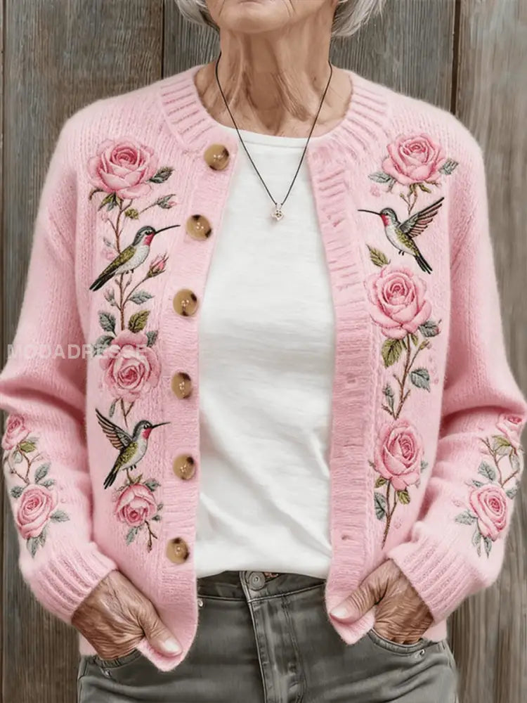 Kvinnors höst och vinter rosa Hummingbird Floral Bekväm varm tröja Cardigan runk / S