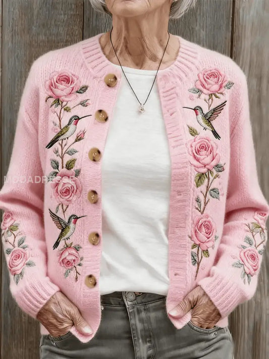 Kvinnors höst och vinter rosa Hummingbird Floral Bekväm varm tröja Cardigan runk / S