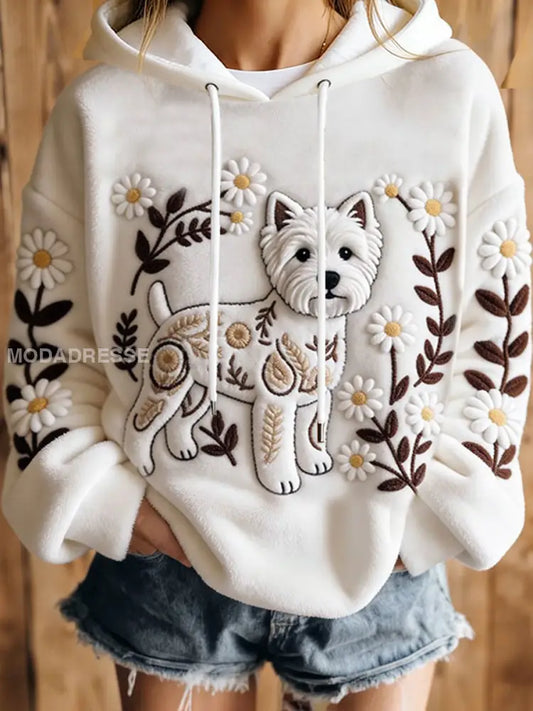 Kvinnors hund konst utskrift Casual Hoodie. vitt / S