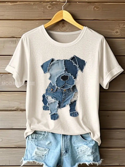 Kvinnors hund mönster Denim Patchwork Art T-Shirt april / S