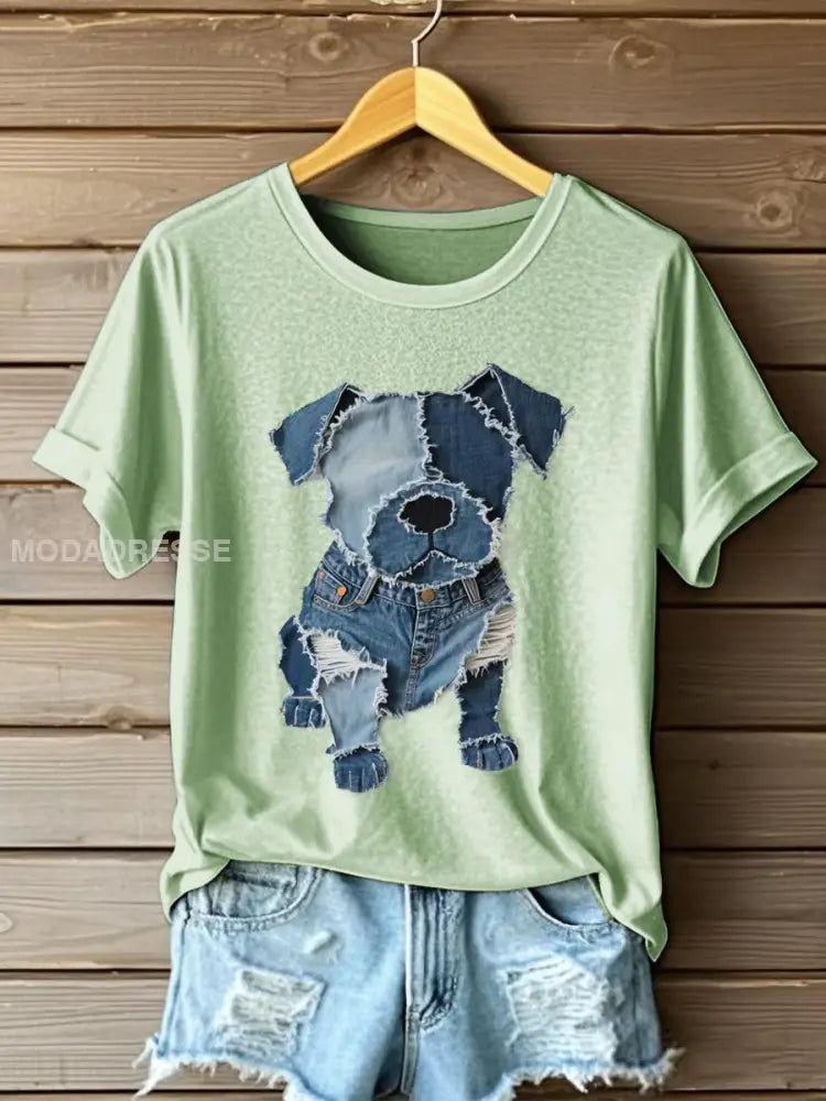 Kvinnors hund mönster Denim Patchwork Art T-Shirt grön / S