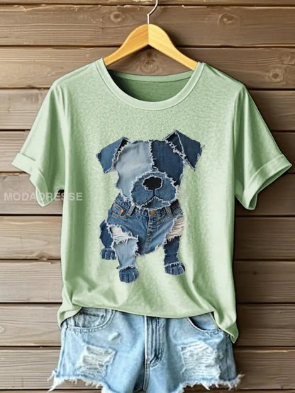 Kvinnors hund mönster Denim Patchwork Art T-Shirt grön / S