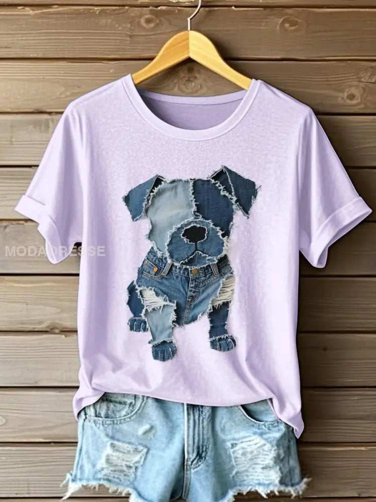 Kvinnors hund mönster Denim Patchwork Art T-Shirt ljus purpurär / S