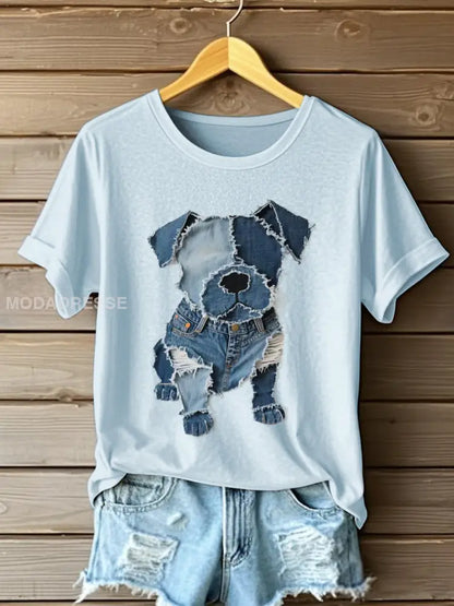 Kvinnors hund mönster Denim Patchwork Art T-Shirt ljusblå / S