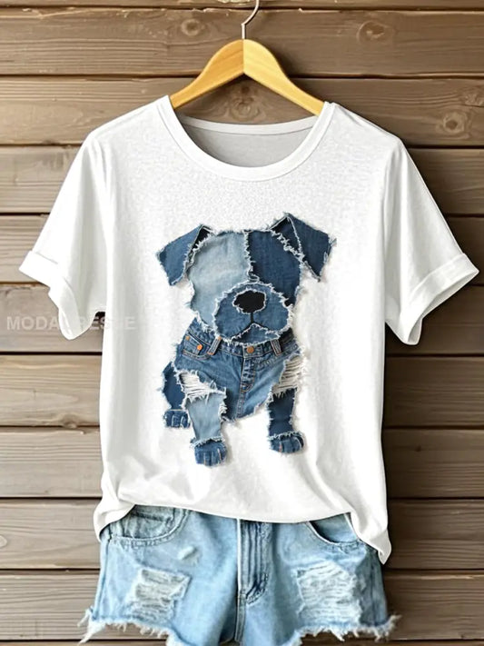 Kvinnors hund mönster Denim Patchwork Art T-Shirt vit / S