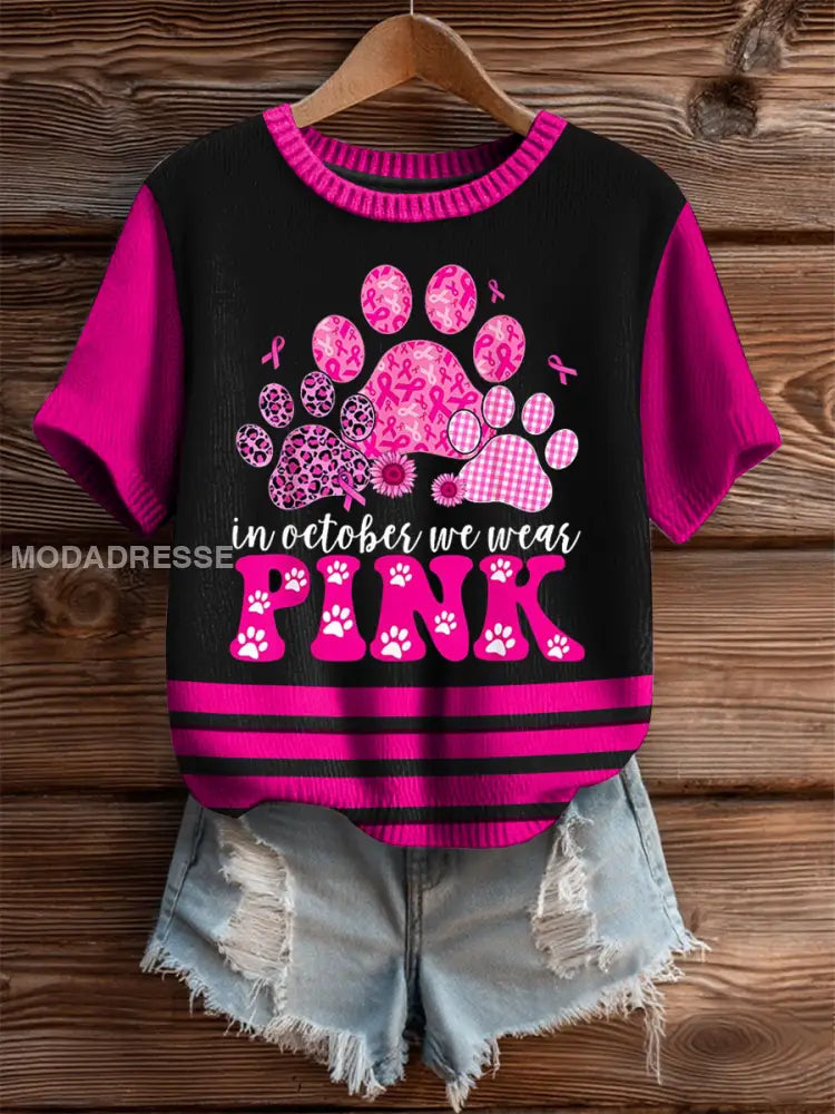 Kvinnors I oktober bär vi rosa imitation Sweater Short sleeved T shirt rosröd / S