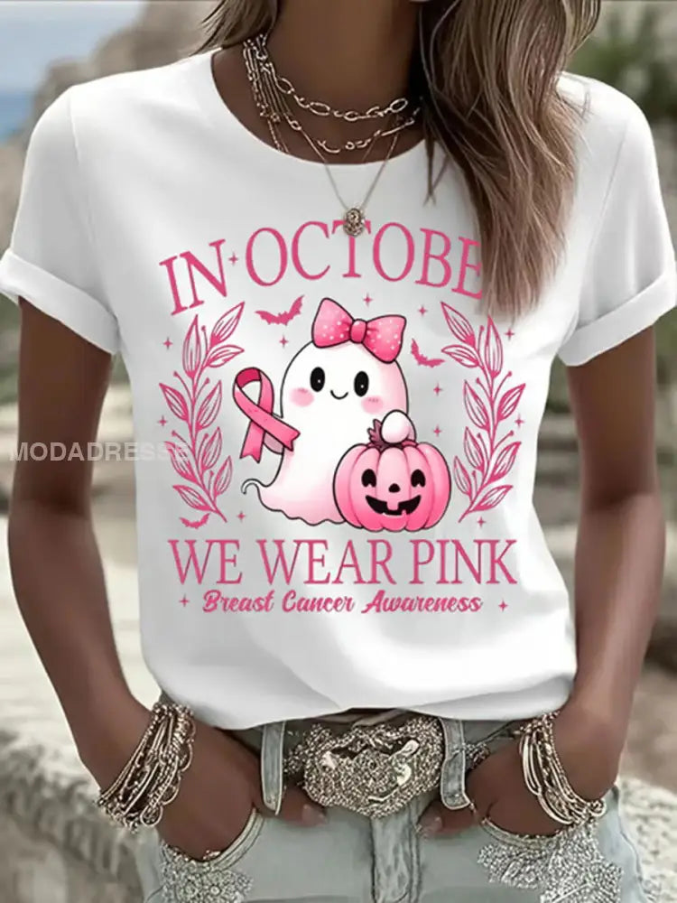 Kvinnors I oktober bär vi rosa spöke Print Casual T shirt vit / S