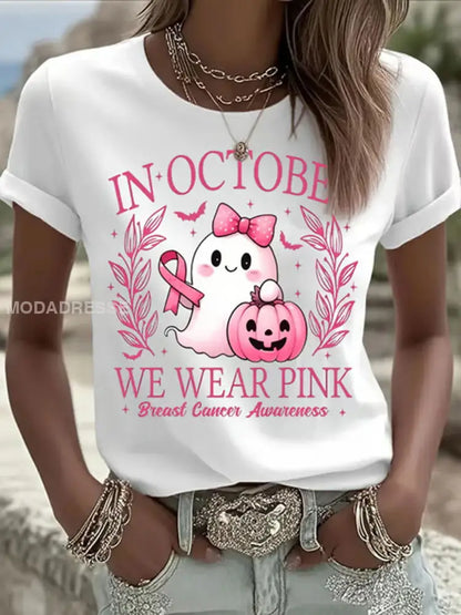 Kvinnors I oktober bär vi rosa spöke Print Casual T shirt vit / S