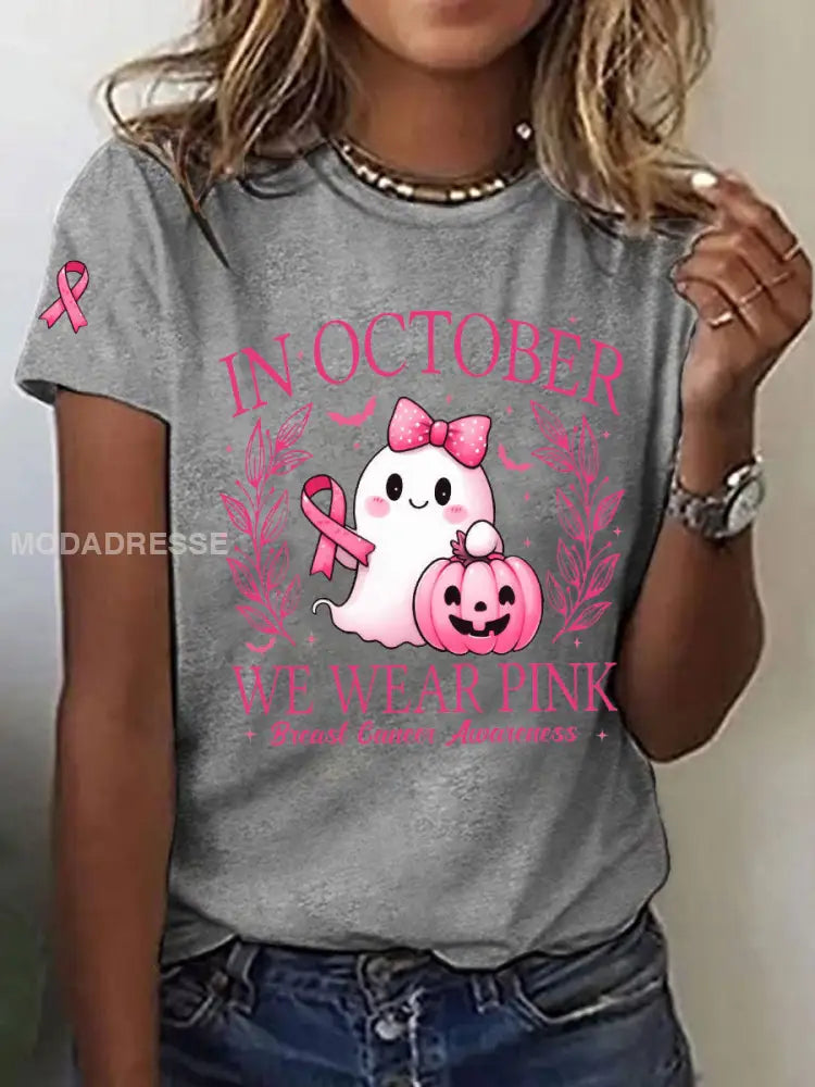 Kvinnors I oktober bär vi rosa tryckt Casual T shirt grå / S