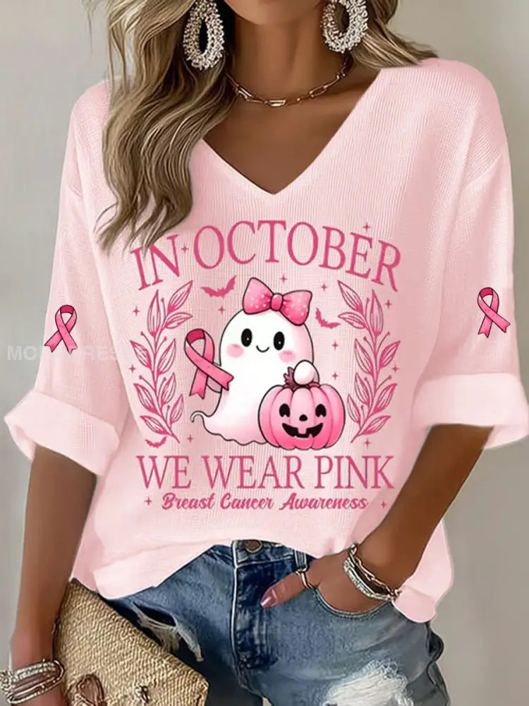Kvinnors I oktober bär vi rosa tryckt Casual T shirt ljus rosa / S