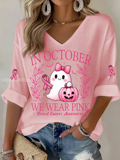 Kvinnors I oktober bär vi rosa tryckt Casual T shirt runt / S