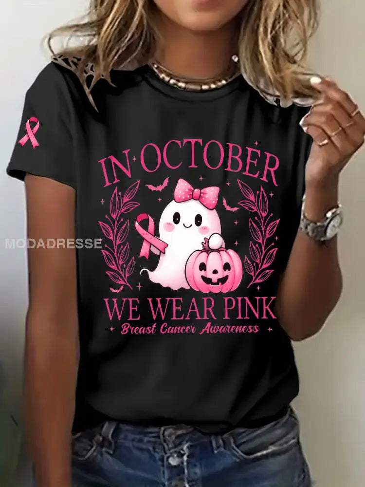 Kvinnors I oktober bär vi rosa tryckt Casual T shirt svart / S