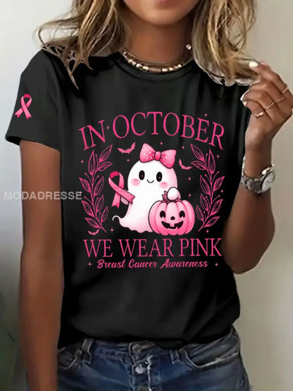 Kvinnors I oktober bär vi rosa tryckt Casual T shirt svart / S