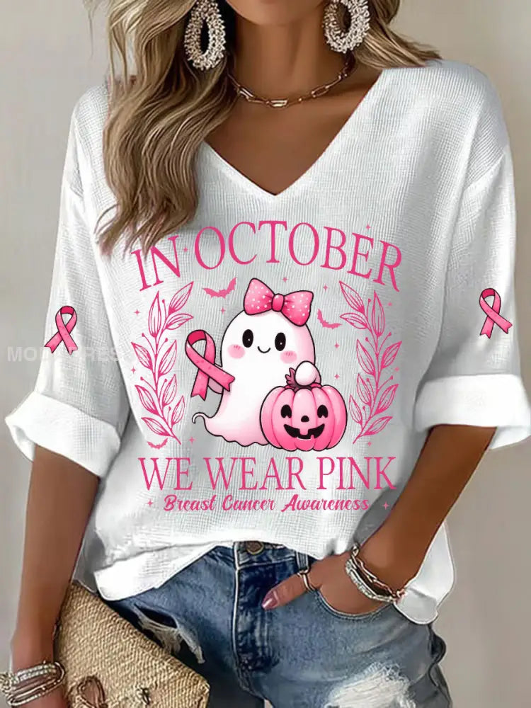 Kvinnors I oktober bär vi rosa tryckt Casual T shirt vit / S