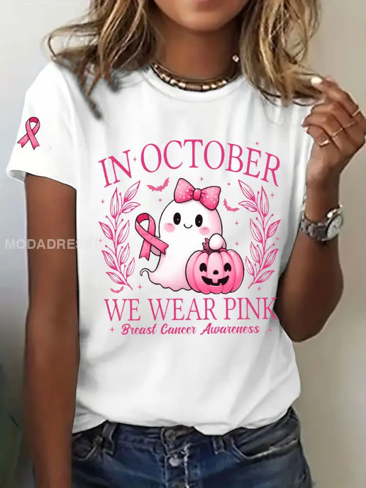 Kvinnors I oktober bär vi rosa tryckt Casual T shirt vit / S