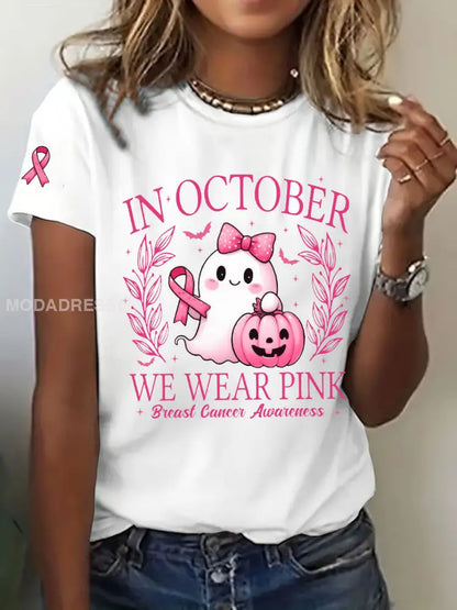 Kvinnors I oktober bär vi rosa tryckt Casual T shirt vit / S