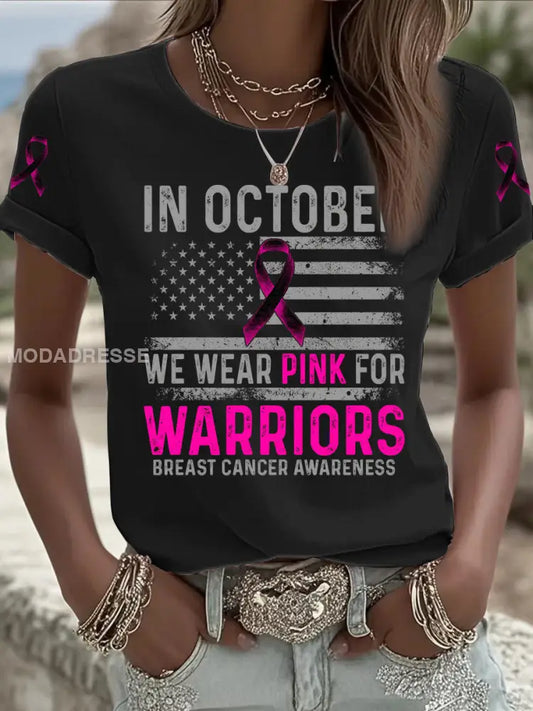 Kvinnors I oktober vi bär rosa för krigare Bröstcancer medvetenhet Kort ärm T shirt svart / S