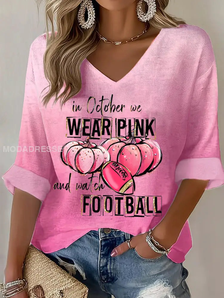 Kvinnors I oktober vi bär rosa och titta på fotboll Bröstcancer medvetenhet Våffle T shirt runk / S