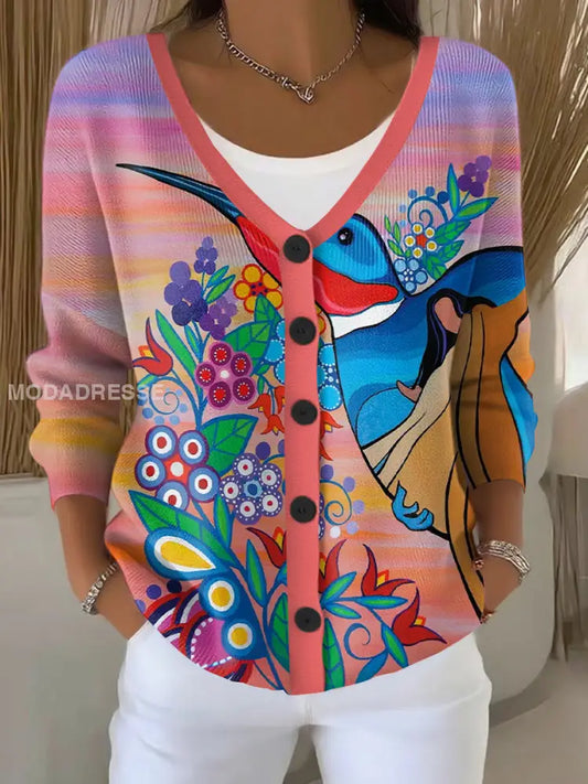 Kvinnors inhemska konst Hummingbird Print Cardigan som bild / S