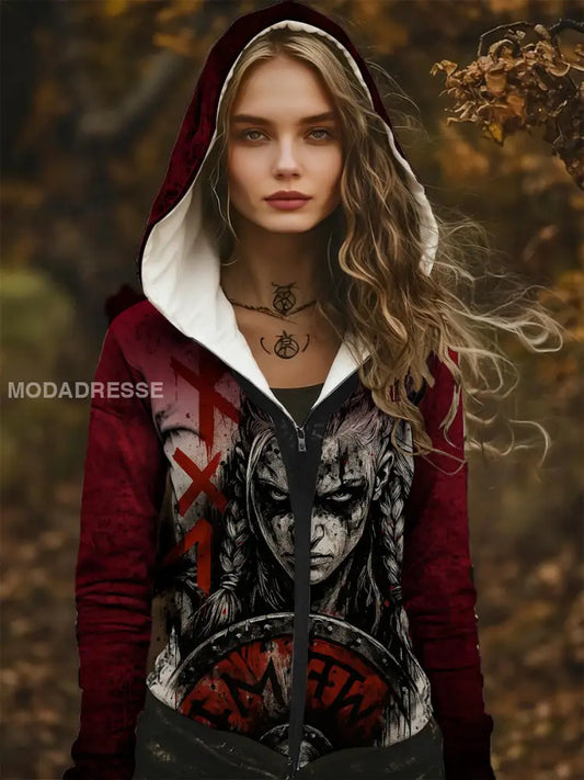 Kvinnors intensiva röd-Accent viking krigare Skriv ut Zip-Up Hoodie. flerlog / S