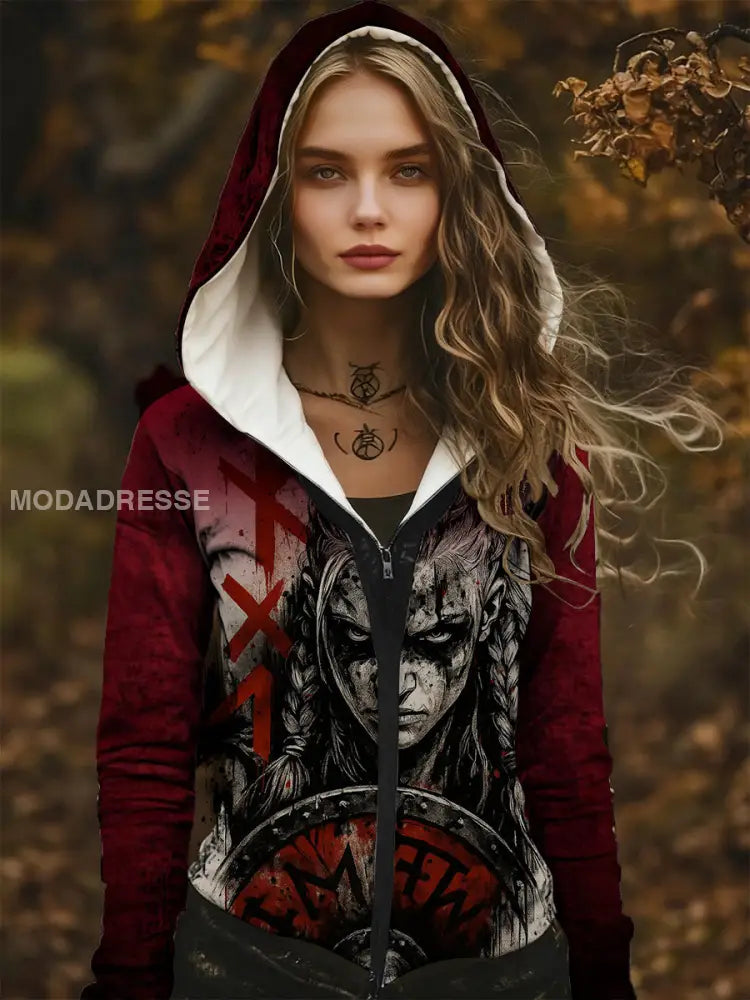 Kvinnors intensiva röd-Accent viking krigare Skriv ut Zip-Up Hoodie. flerlog / S