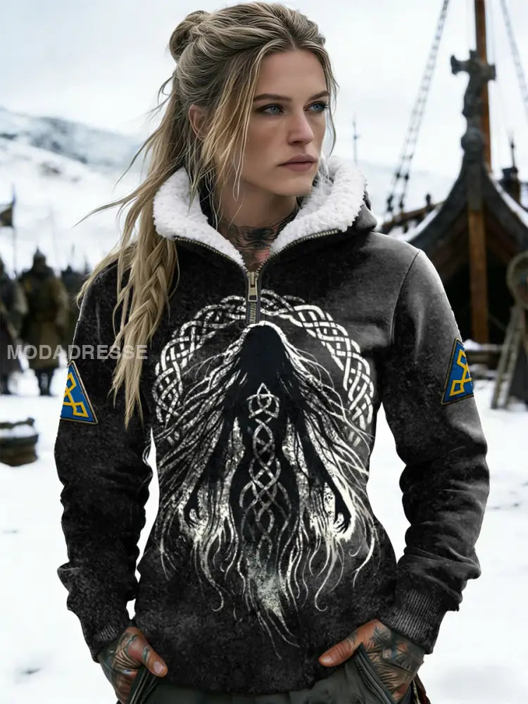 Kvinnors Intricate Svart Nordic Knotwork Design Sherpa-Lined Hoodie Shop flerlog / S
