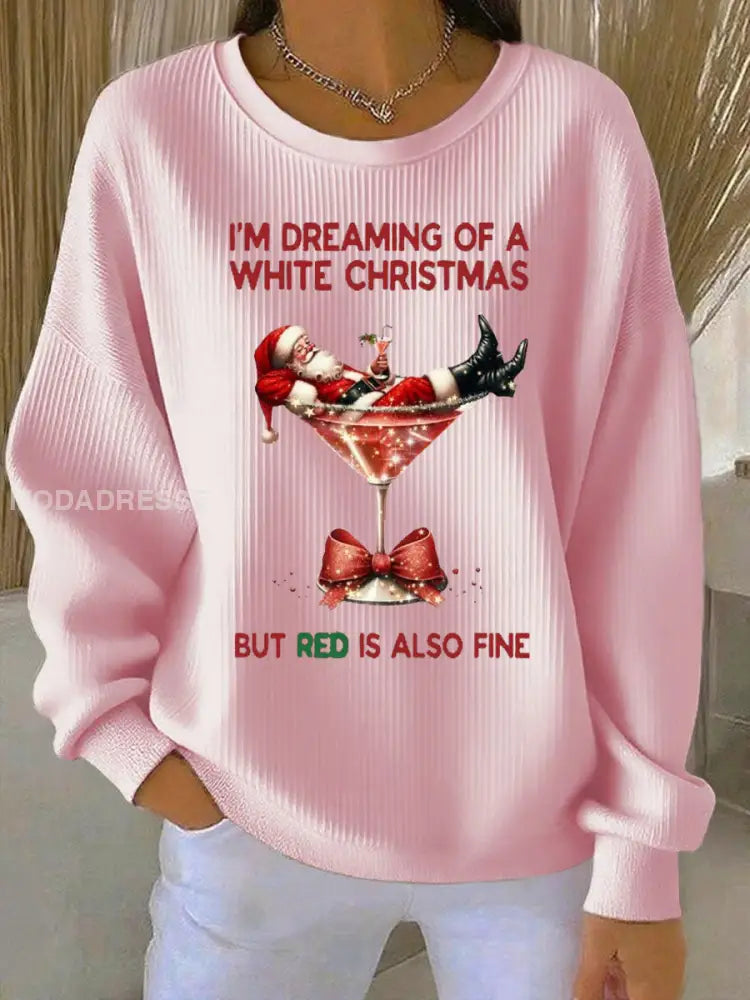 Kvinnors jag drömmer om en vit jul men röd är också fin Ribbed Round-Hack Sweatshirt runt / S