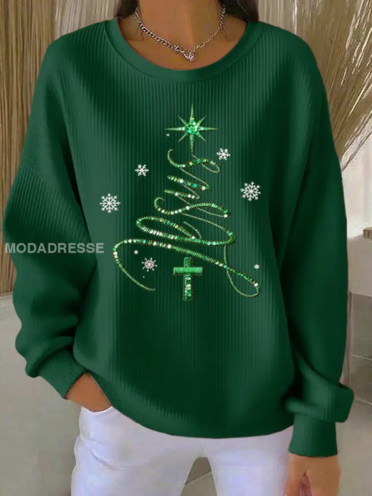 Kvinnors Jesus Chriatmas träd Ribbed rund hals sweathirt mörk grön / S