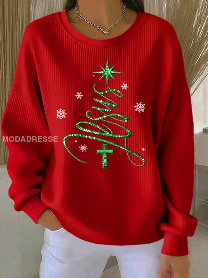 Kvinnors Jesus Chriatmas träd Ribbed rund hals sweathirt röd / S