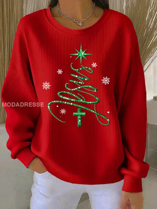 Kvinnors Jesus Chriatmas träd Ribbed rund hals sweathirt röd / S