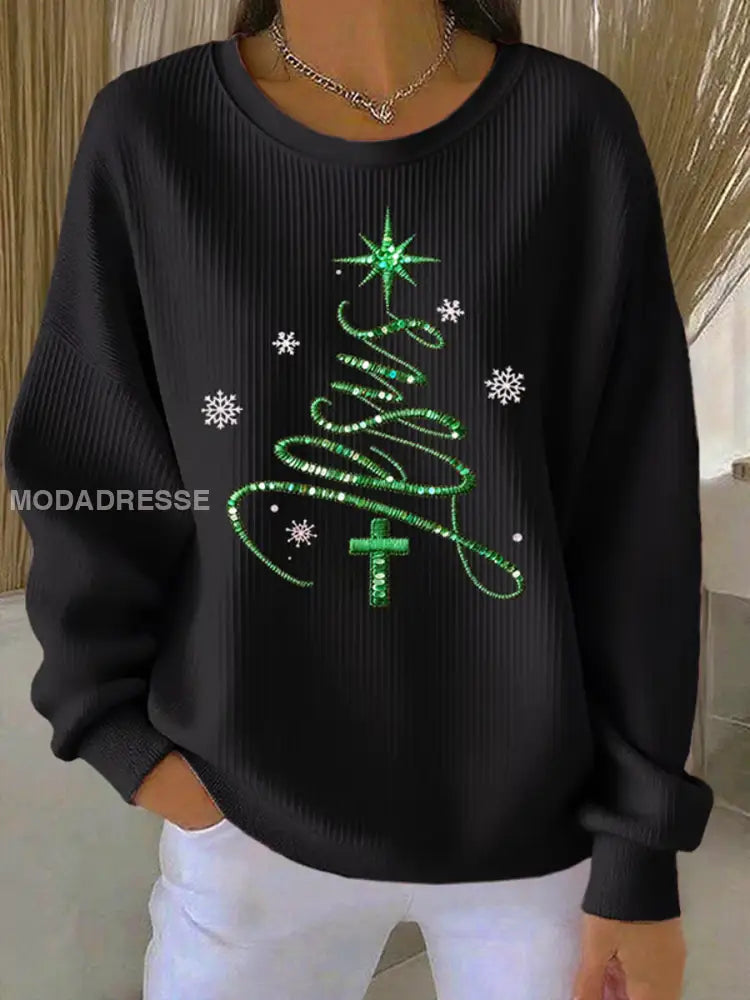 Kvinnors Jesus Chriatmas träd Ribbed rund hals sweathirt svart / S