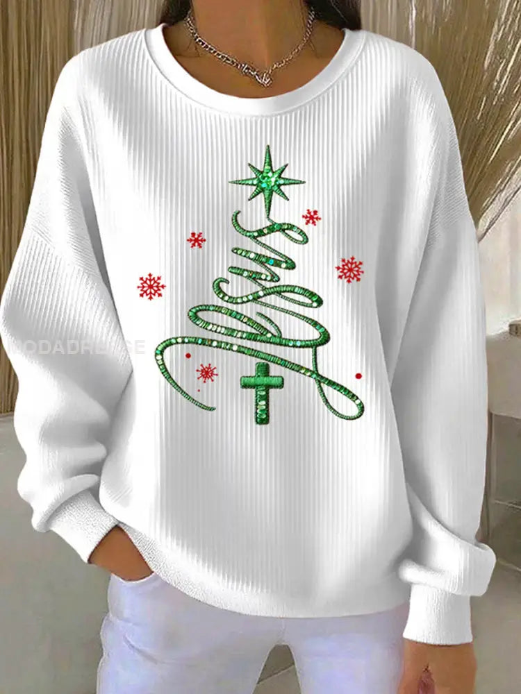 Kvinnors Jesus Chriatmas träd Ribbed rund hals sweathirt vit / S