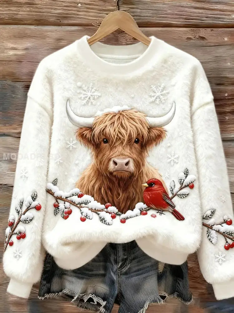 Kvinnors jul Highland Cow Flannel Hoodie Flannel vit / S
