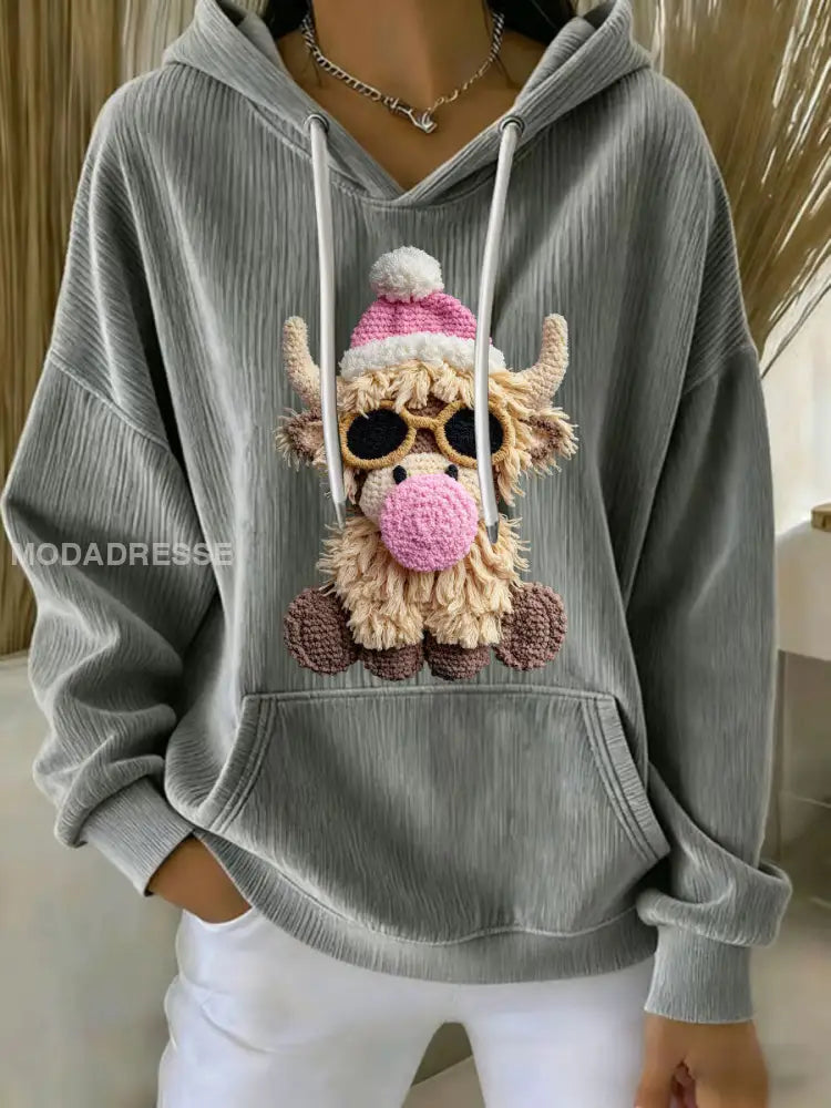 Kvinnors jul Highland Cow Print Casual Hoodie Print grå / S