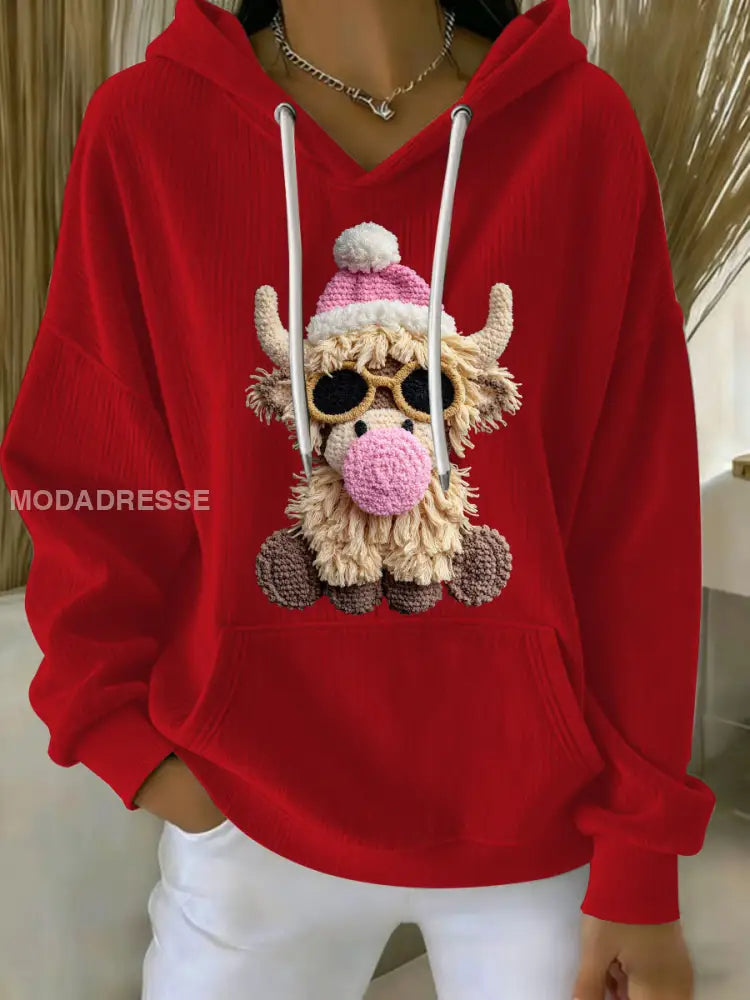 Kvinnors jul Highland Cow Print Casual Hoodie Print röd / S