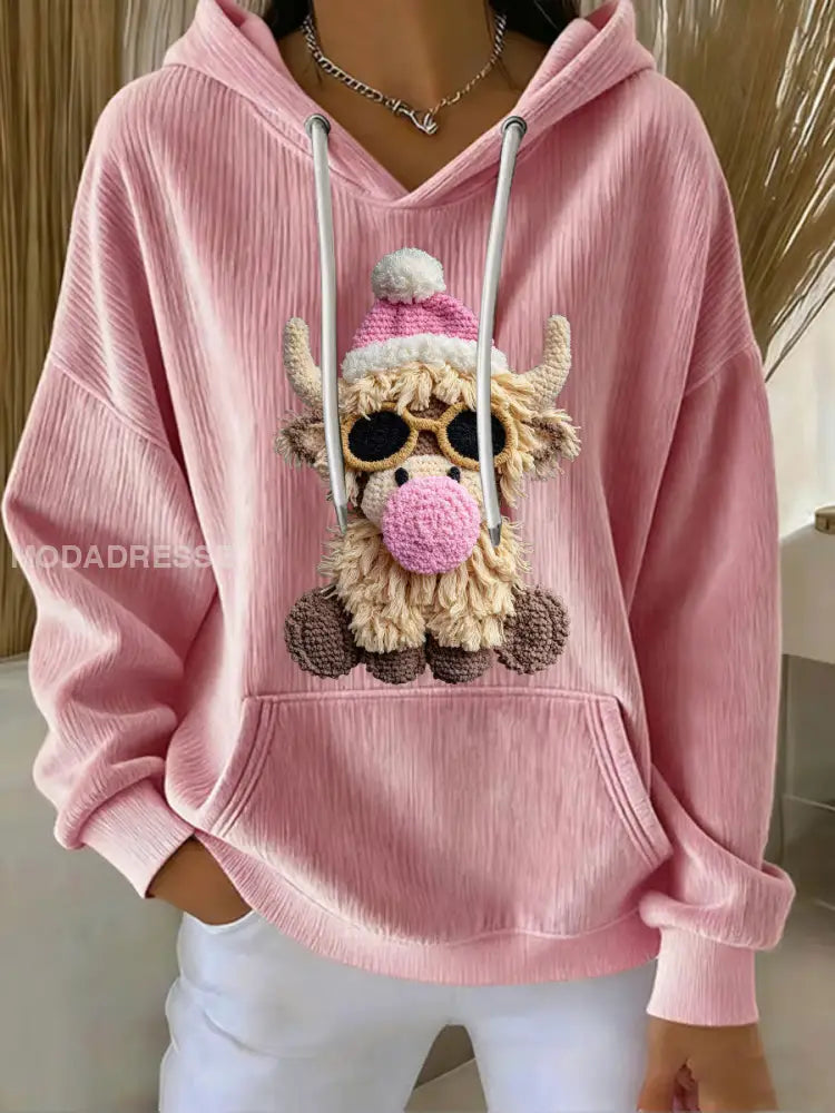 Kvinnors jul Highland Cow Print Casual Hoodie Print runt / S