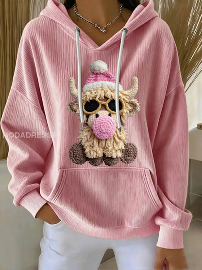 Kvinnors jul Highland Cow Print Casual Hoodie Print runt / S