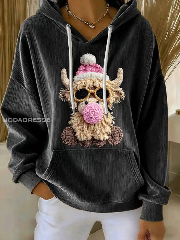 Kvinnors jul Highland Cow Print Casual Hoodie Print svart / S