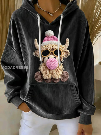 Kvinnors jul Highland Cow Print Casual Hoodie Print svart / S