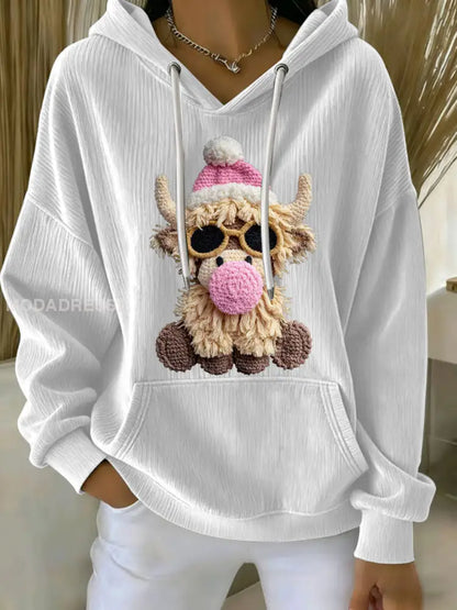 Kvinnors jul Highland Cow Print Casual Hoodie Print vit / S