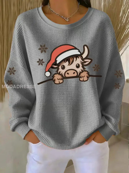 Kvinnors jul Highland Cow Print Topp grå / S
